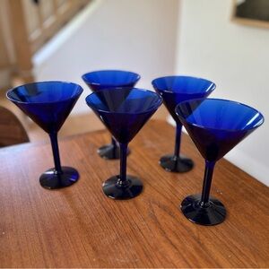 Five vintage cobalt blue Libbey martini glasses